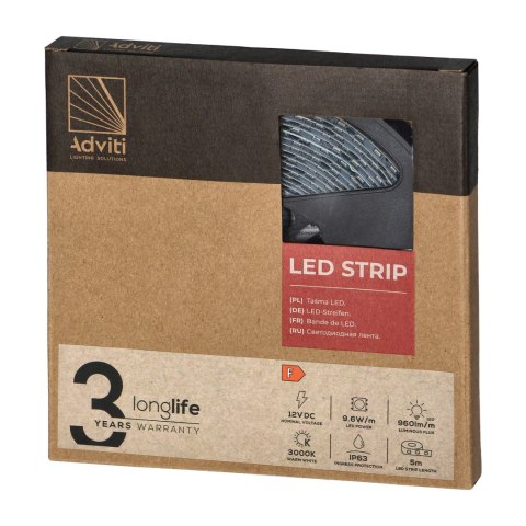 Taśma LED 12V, 2835, 120L/m, 760lm/m, 9,6W/m, IP63, 3000K, 5m