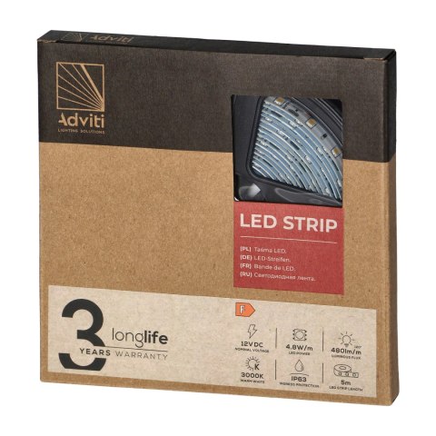 Taśma LED 12V, 2835, 60L/m, 430lm/m, 4,8W/m, IP63, 3000K, 5m