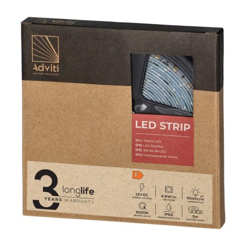 Taśma LED 12V, 2835, 60L/m, 430lm/m, 4,8W/m, IP63, 4000K, 5m