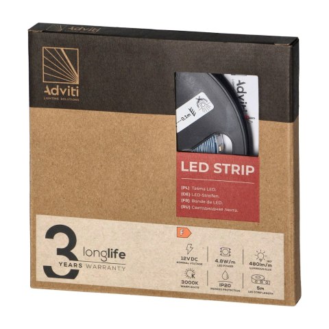 Taśma LED 12V, 2835, 60L/m, 500lm/m, 4,8W/m, IP20, 3000K, 5m