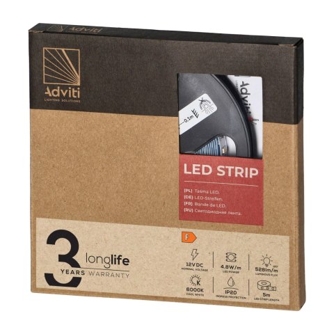 Taśma LED 12V, 2835, 60L/m, 500lm/m, 4,8W/m, IP20, 6000K, 5m