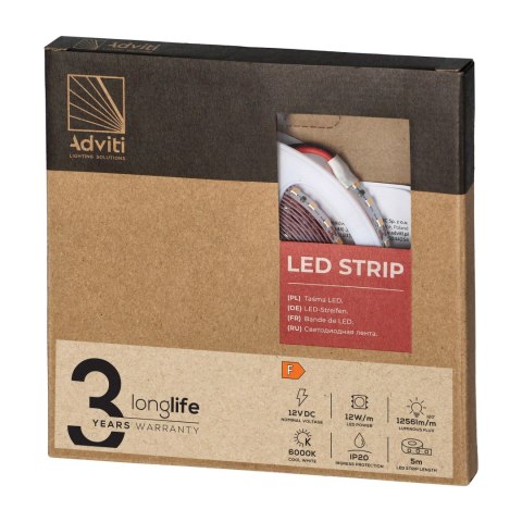 Taśma LED 12V, Samsung chipset 2835, 120L/m, 1260lm/m, 12W/m, IP20, 6000K, 5m
