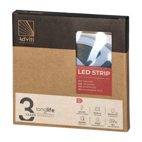 Taśma LED COB 12V, 480L/m, 800lm/m, 10W/m, IP20, 3000K, 5m