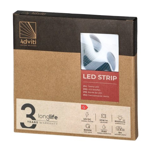 Taśma LED COB 12V, 480L/m, 900lm/m, 10W/m, IP20, 6000K, 5m