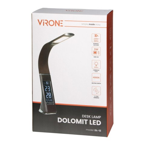 DOLOMIT LED 5W, lampka biurkowa z budzikiem, 300lm, 4000K, czarna