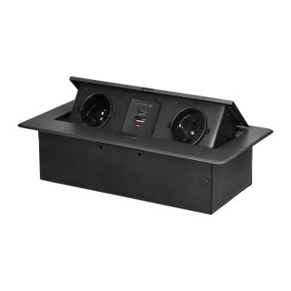 Gniazdo meblowe wpuszczane w blat z płaskim frezowanym rantem i ładowarką USB, 2x2P+Z, 2xUSB (typ A+C; 3,6A), grafitowe