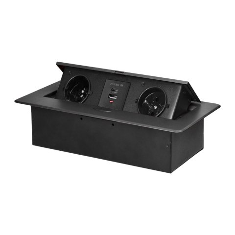 Gniazdo meblowe wpuszczane w blat z płaskim frezowanym rantem i ładowarką USB, 2x2P+Z, 2xUSB (typ A+C; 3,6A), grafitowe