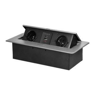 Gniazdo meblowe wpuszczane w blat z płaskim frezowanym rantem i ładowarką USB, 2x2P+Z, 2xUSB (typ A+C; 3,6A), srebrne