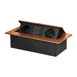 Gniazdo meblowe wpuszczane w blat z płaskim frezowanym rantem i ładowarką USB, 2x2P+Z, 2xUSB (typ A+C; 3,6A), złote