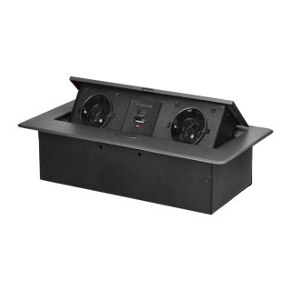 Gniazdo meblowe wpuszczane w blat z płaskim frezowanym rantem i ładowarką USB, 2x2P+Z (Schuko),2xUSB (typ A+C; 3,6A), grafitowe