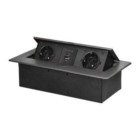 Gniazdo meblowe wpuszczane w blat z płaskim frezowanym rantem i ładowarką USB, 2x2P+Z (Schuko),2xUSB (typ A+C; 3,6A), grafitowe