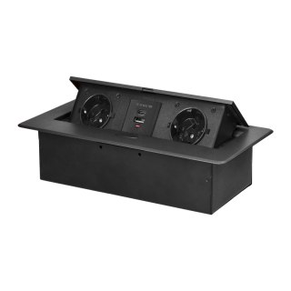 Gniazdo meblowe wpuszczane w blat z płaskim frezowanym rantem i ładowarką USB, 2x2P+Z (Schuko),2xUSB (typ A+C; 3,6A), grafitowe