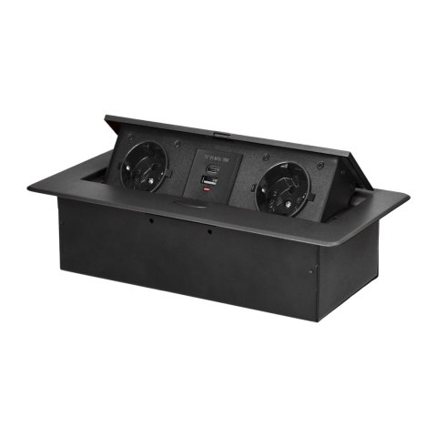 Gniazdo meblowe wpuszczane w blat z płaskim frezowanym rantem i ładowarką USB, 2x2P+Z (Schuko),2xUSB (typ A+C; 3,6A), grafitowe