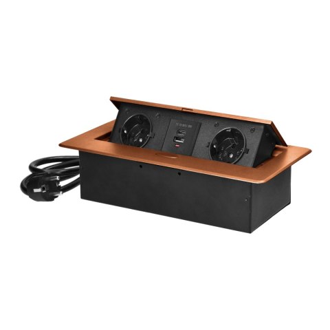 Gniazdo meblowe wpuszczane w blat z płaskim frezowanym rantem, ładowarką USB i przewodem 1,5m, 2x2P+Z (Schuko), 2xUSB (typ A+C;3