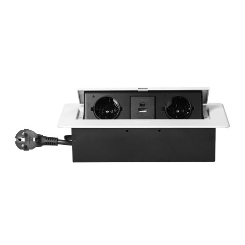 Gniazdo meblowe wpuszczane w blat z płaskim frezowanym rantem, ładowarką USB i przewodem 1,5m, 2x2P+Z (Schuko), 2xUSB (typ A+C; 
