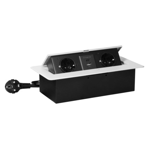 Gniazdo meblowe wpuszczane w blat z płaskim frezowanym rantem, ładowarką USB i przewodem 1,5m, 2x2P+Z (Schuko), 2xUSB (typ A+C; 