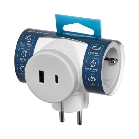 Rozgałęźnik 2P+Z (Schuko) z ładowarką 2xUSB, szybkie ładowanie, biało-szary