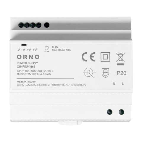 Zasilacz na szyne DIN, 12VDC, 11,3A, 135,6W, 6 modułów